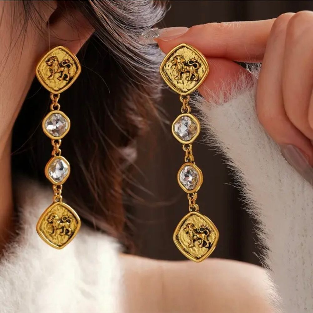 Vintage Style Lion Crystal Earrings